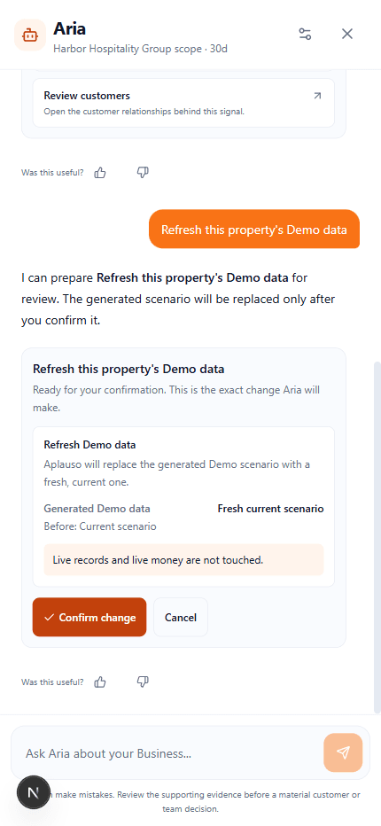 Aria shows the exact scope of an illustrative Demo-data refresh, the before-and-after preview, a live-data boundary, and separate Confirm and Cancel controls.