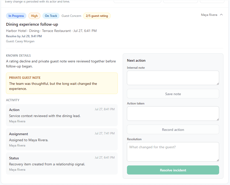 An expanded Aplauso Recovery item shows an assigned owner, private guest context, recorded action history, and a controlled resolution step.