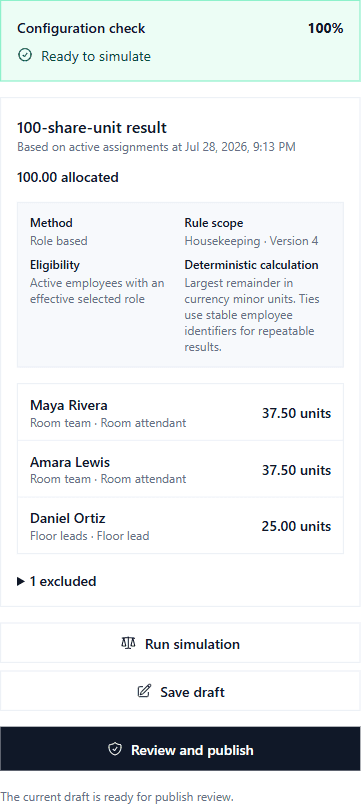 Aplauso Tip Sharing simulation allocates 100 illustrative share units across active roles and keeps the result amount-free for review.