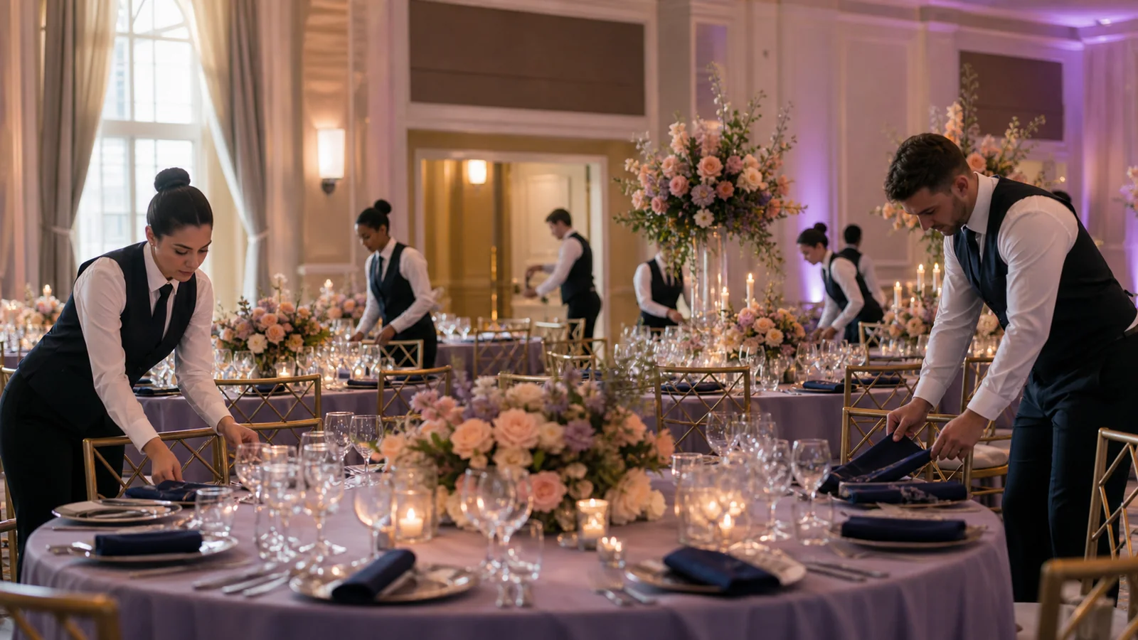 An event team preparing an elegant banquet ballroom