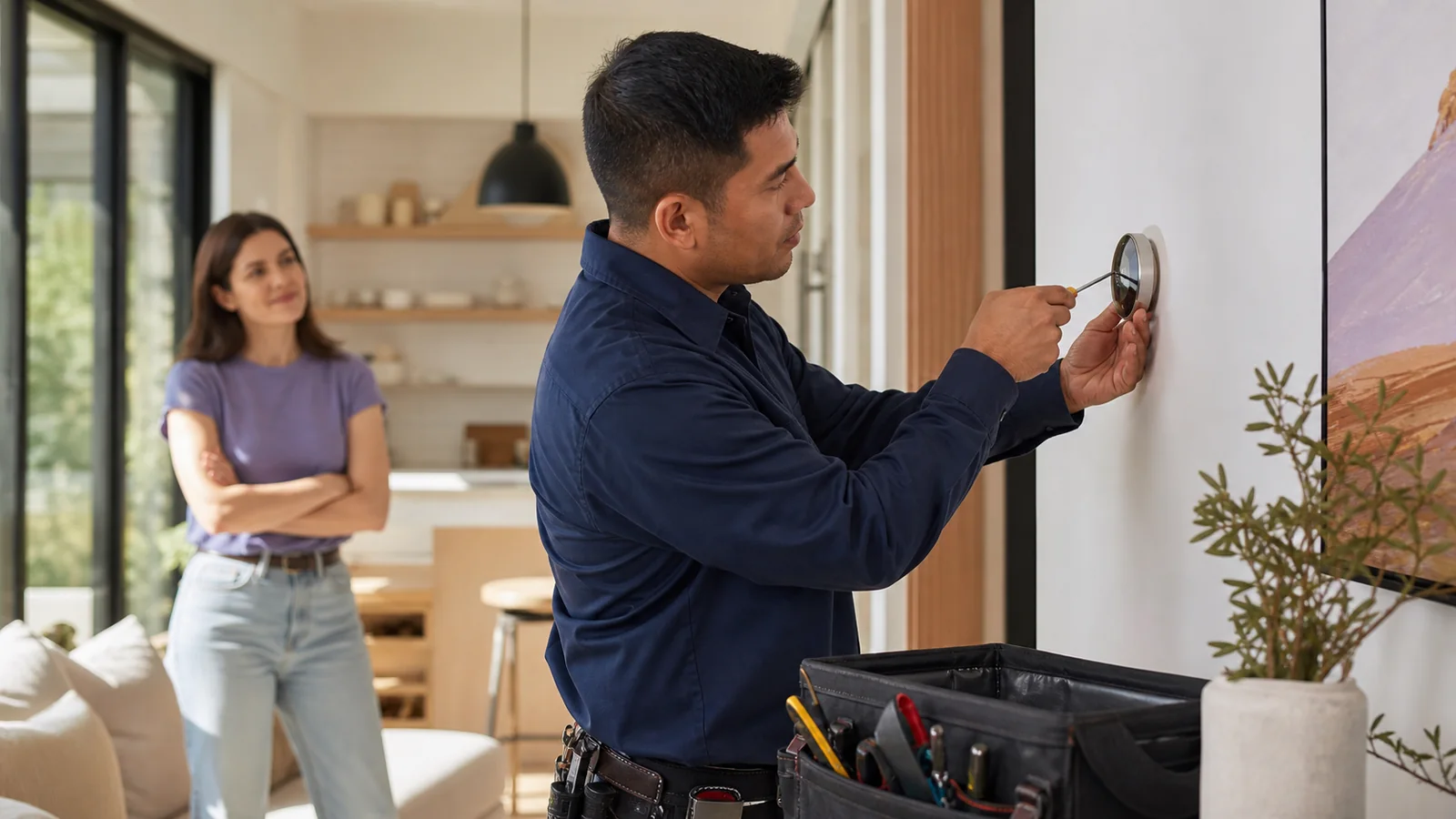 A home-service technician completing an installation