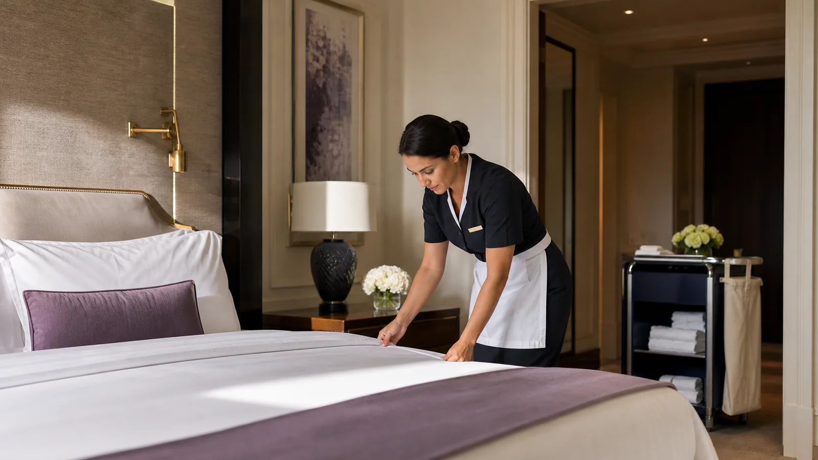 A hotel professional preparing an upscale guest room