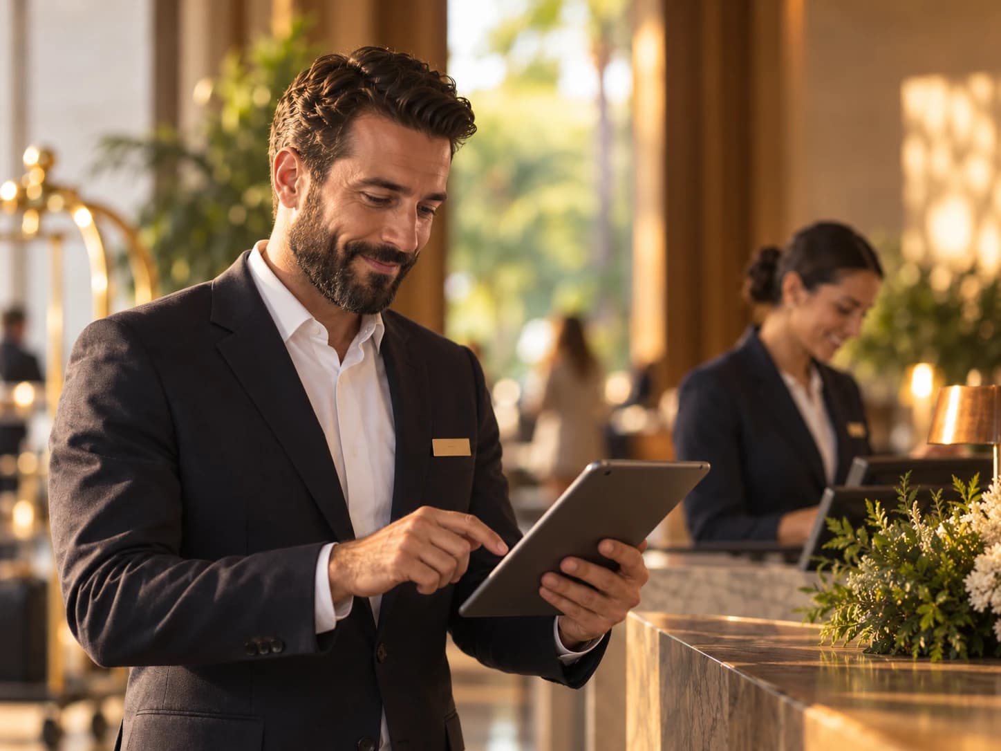 A hotel manager reviewing guest feedback on a tablet at the front desk