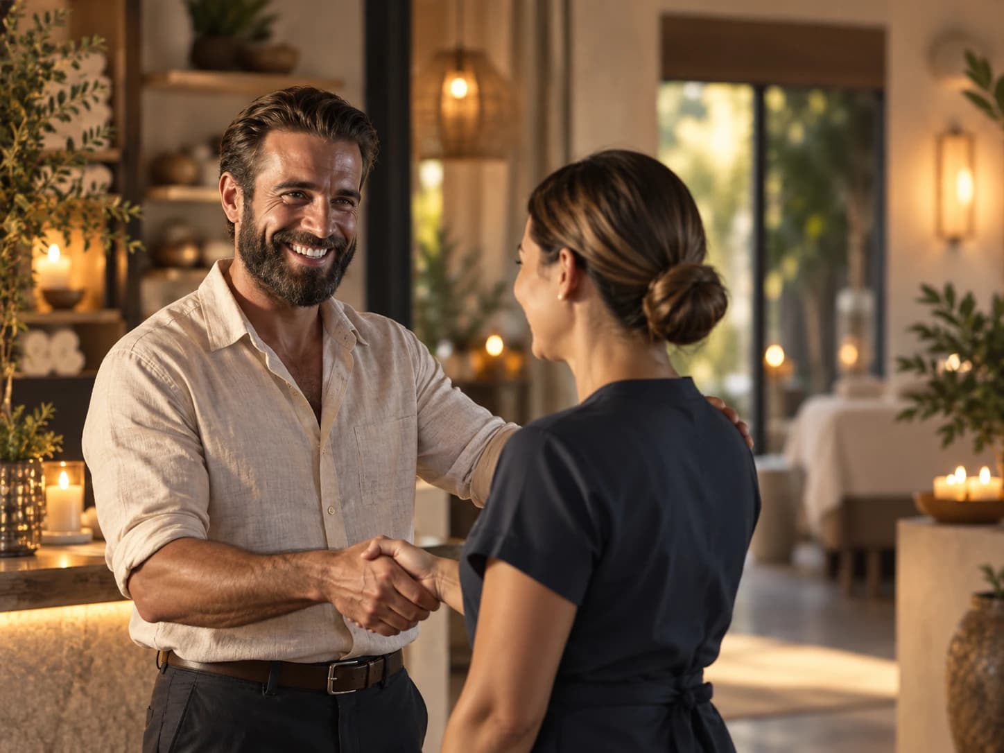 An owner shaking hands with a team member to thank her