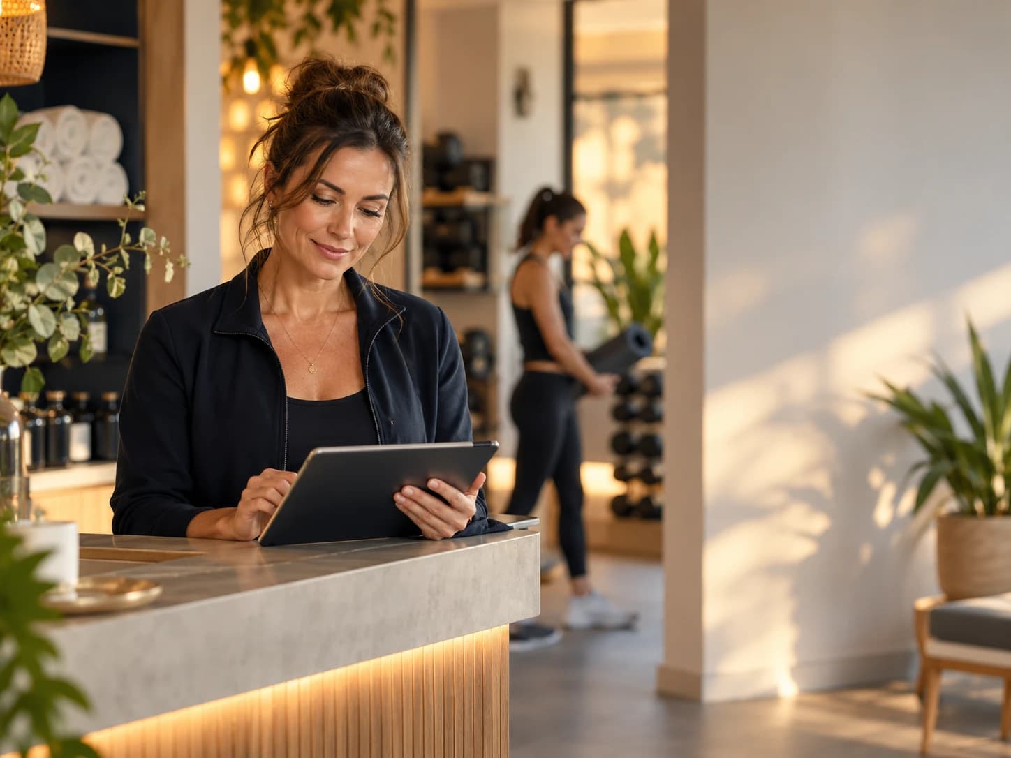 A fitness studio manager checking guest feedback on a tablet at the front desk
