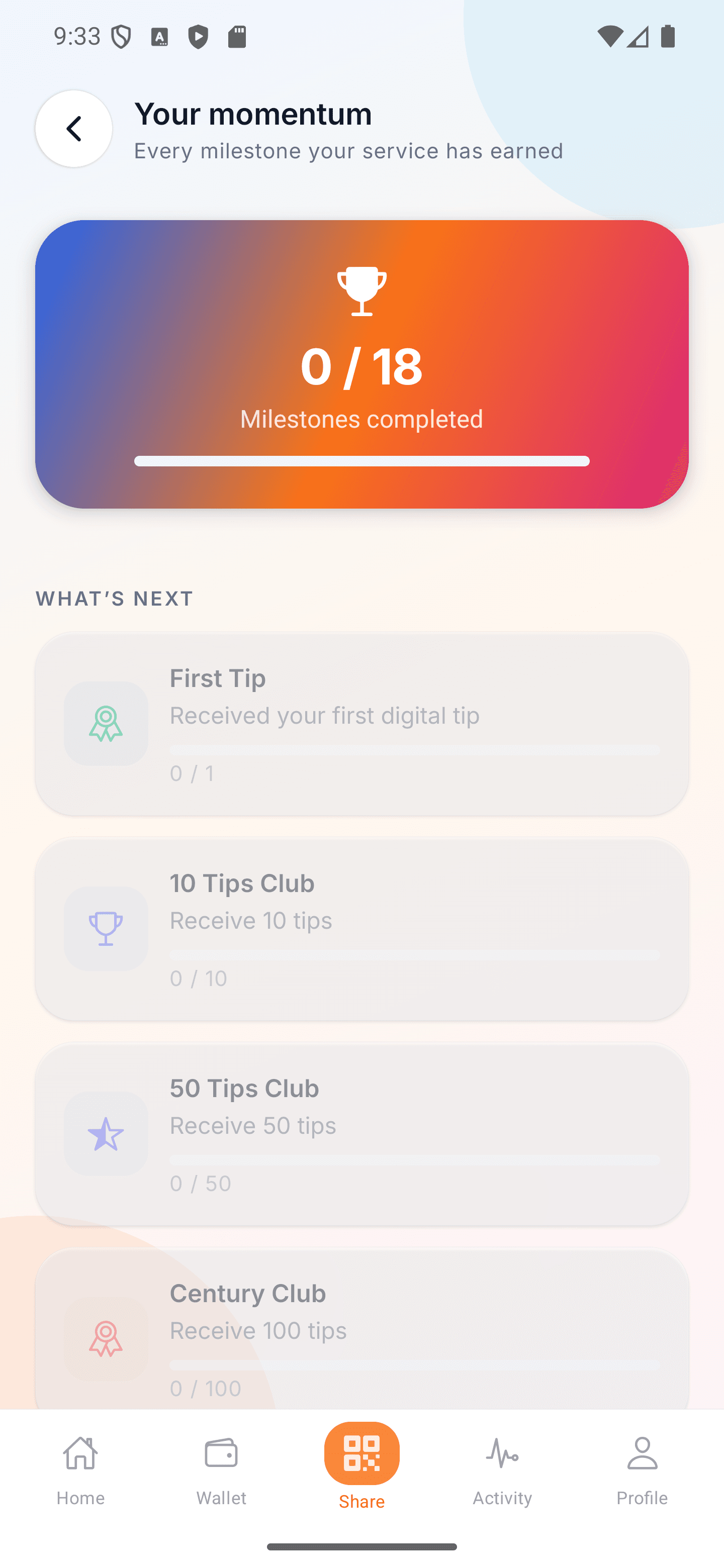 Aplauso Rewards milestones screen showing progress toward service accomplishments