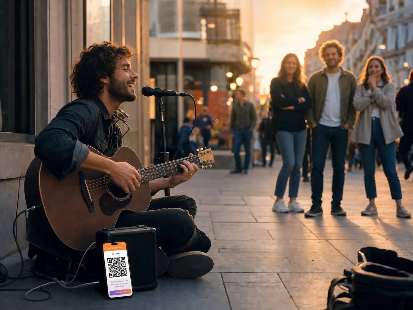 A street musician performing next to a phone showing his Aplauso code