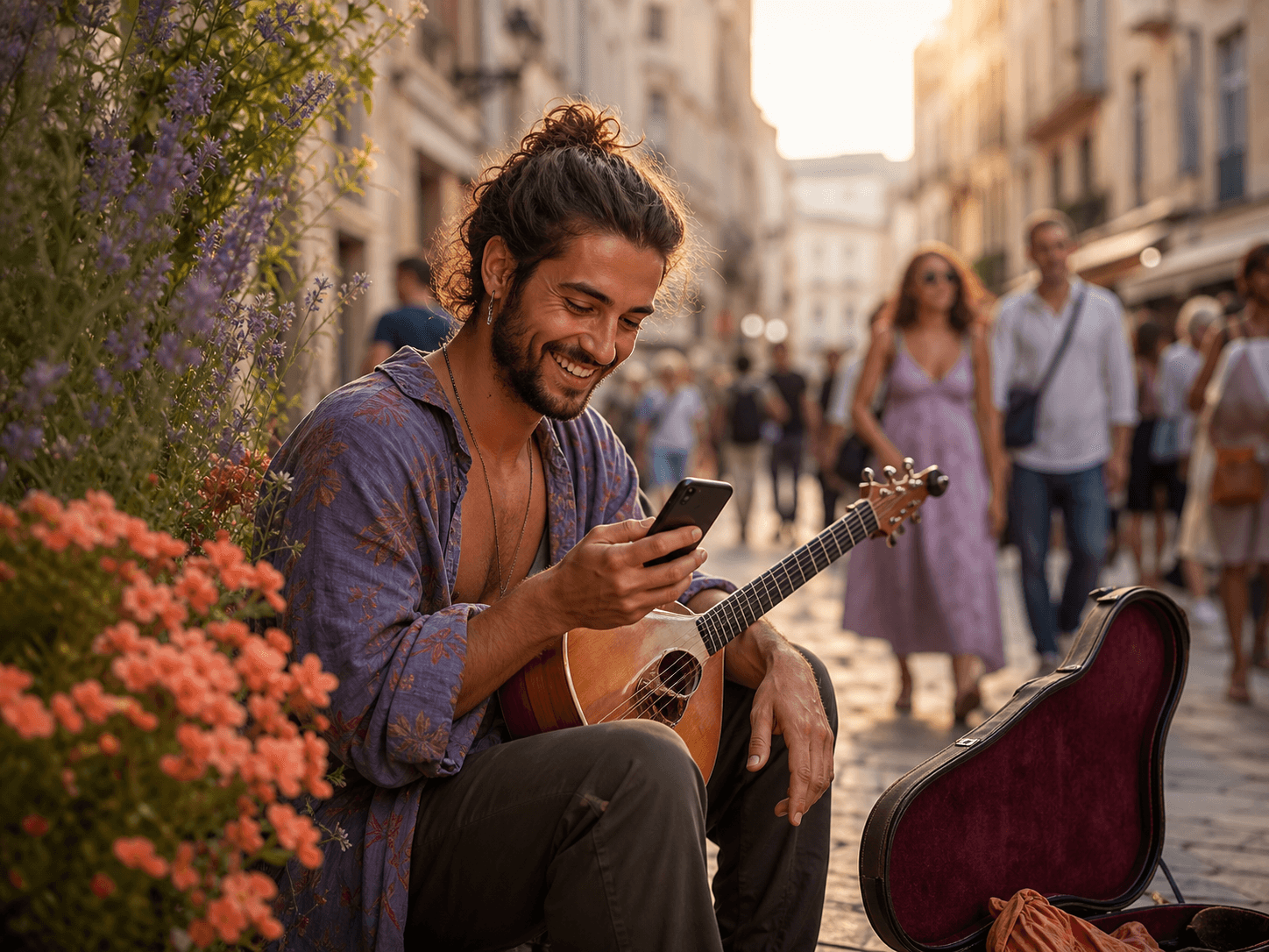 A street musician smiling at a recognition on his phone