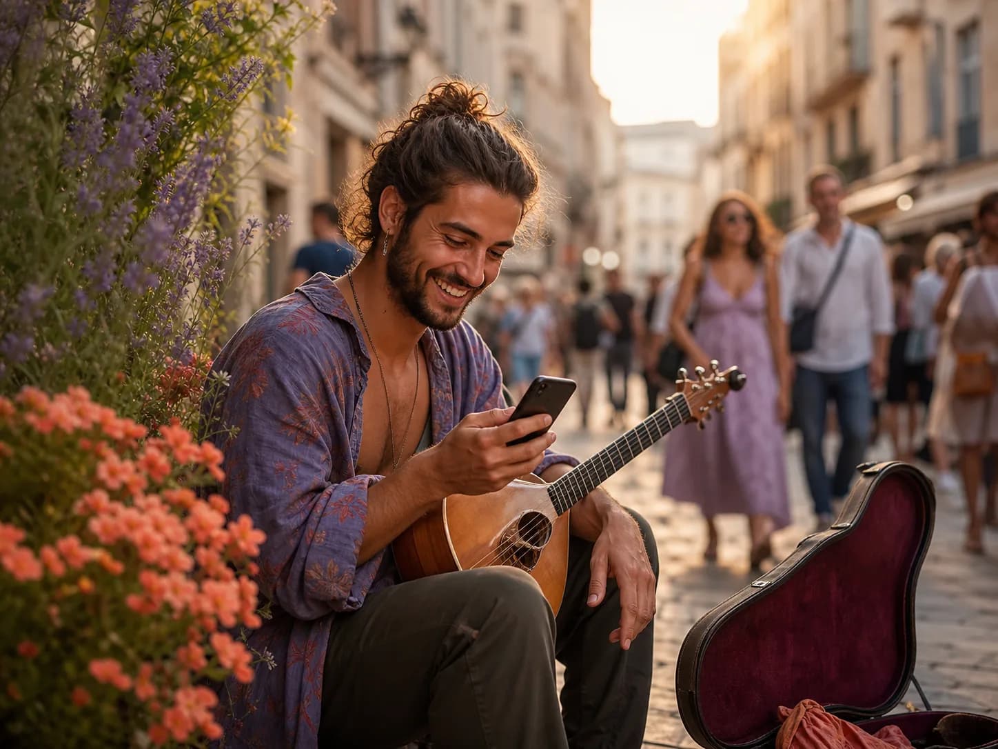A street musician smiling at a recognition on his phone