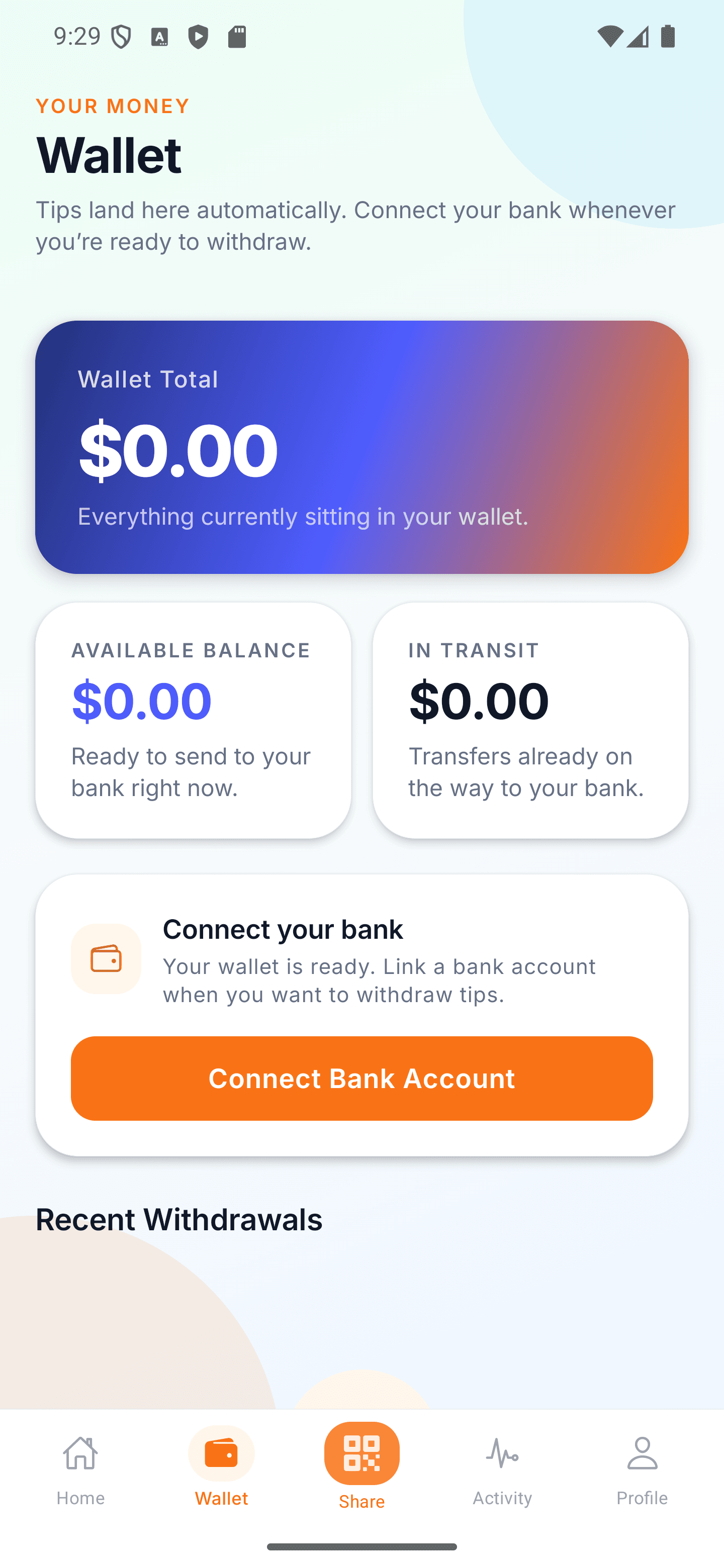 Aplauso Rewards wallet showing balances and bank connection controls