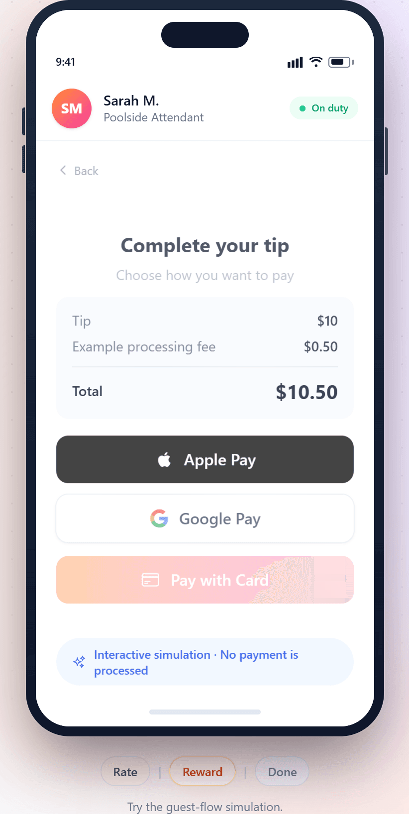 Aplauso interactive guest simulation showing a ten-dollar tip, example processing fee, total, and Apple Pay, Google Pay, and card choices