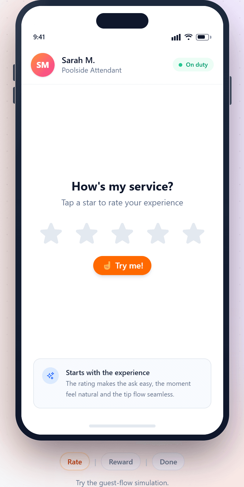 Aplauso guest simulation ready for a guest to rate Sarah's service