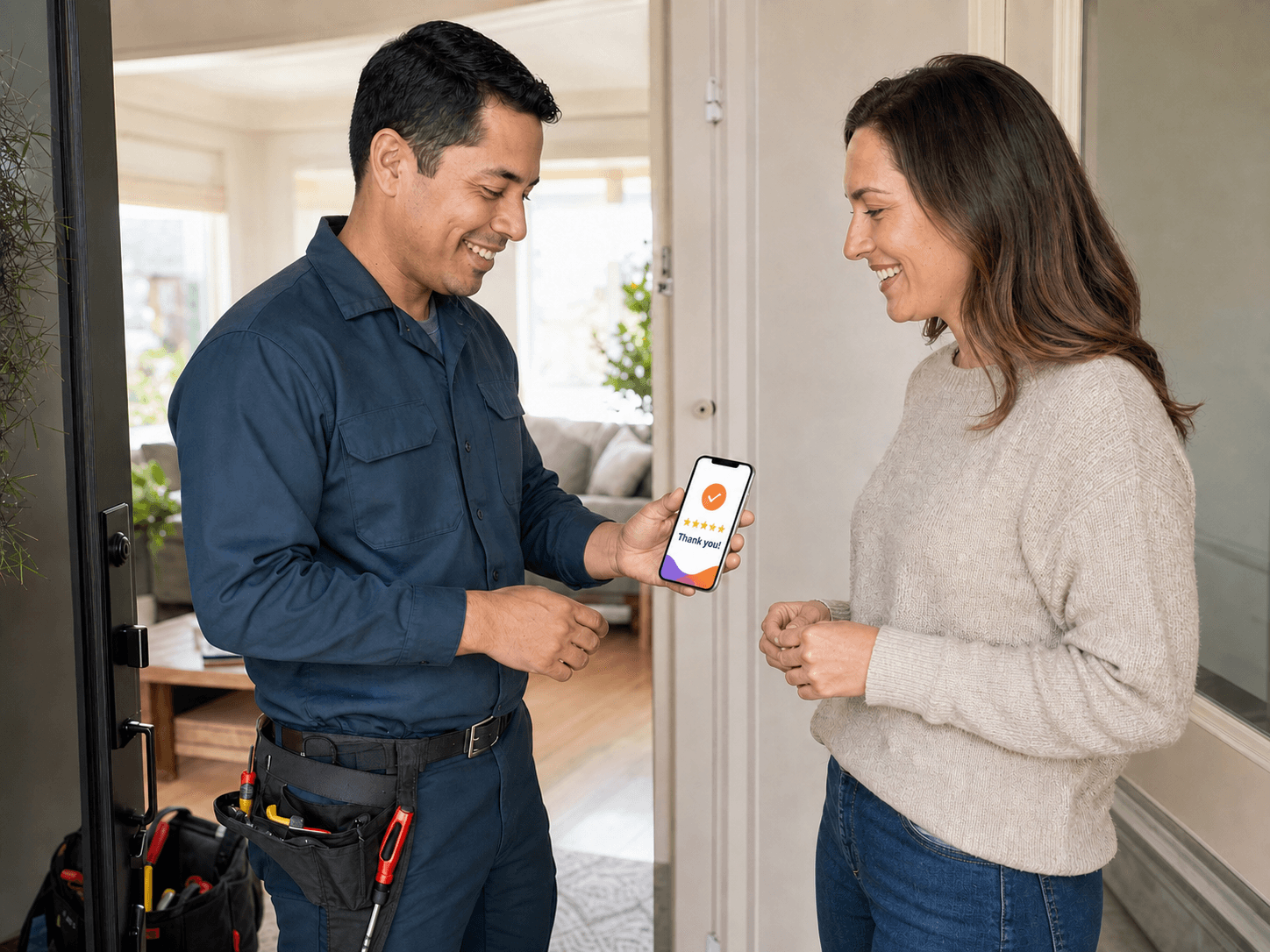 Professionnel à domicile partageant un message de fin de prestation Aplauso