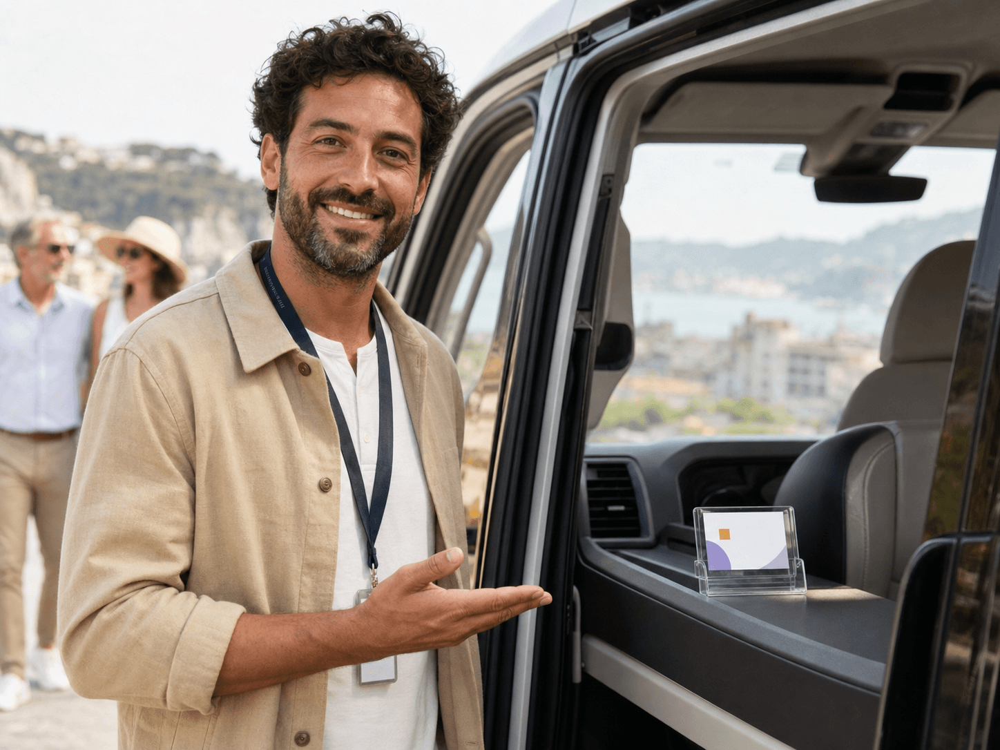 Guide présentant une carte Aplauso dans une navette de passagers